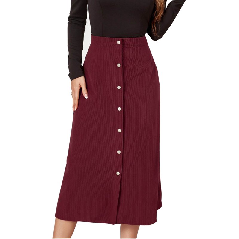 Besolor Women's Fall Winter Corduroy Skirt Vintage High Waisted Basic Buttton Front A-Line Midi Skirts