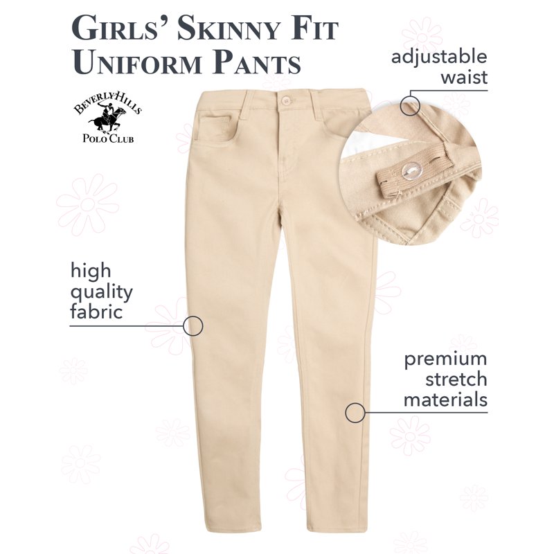 Beverly Hills Polo Club Girls' School Uniform Pants - 2 Pack Stretch Skinny Fit Khaki Pants (4-16)