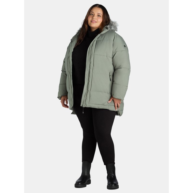 Big Chill Women's And Women's Plus Wide Quilted Puffer Coat With Faux Fur Trim Hood Sizes S-3X