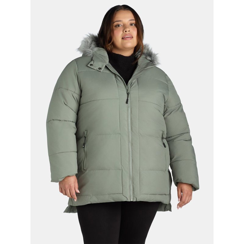 Big Chill Women's and Women's Plus Wide Quilted Puffer Coat with Faux Fur Trim Hood Sizes S-3X