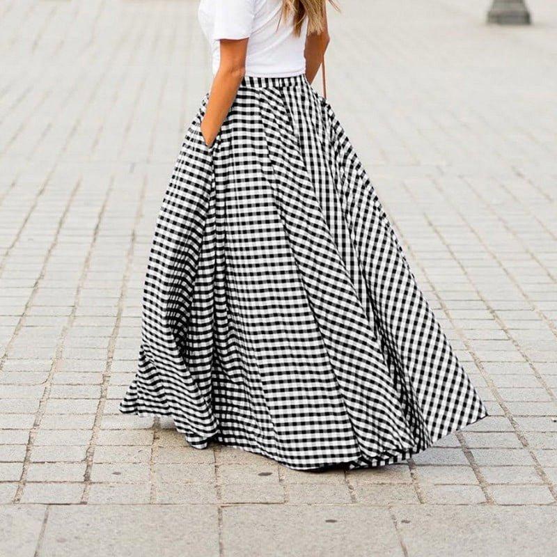 BKQCNKM Maxi Skirt Flowy Skirts For Women Plaid Print Skirt With Large Hem And High Waist Pocket Skirt Long Dresses For Women Black L