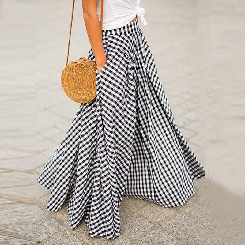 BKQCNKM Maxi Skirt Flowy Skirts For Women Plaid Print Skirt With Large Hem And High Waist Pocket Skirt Long Dresses For Women Black L