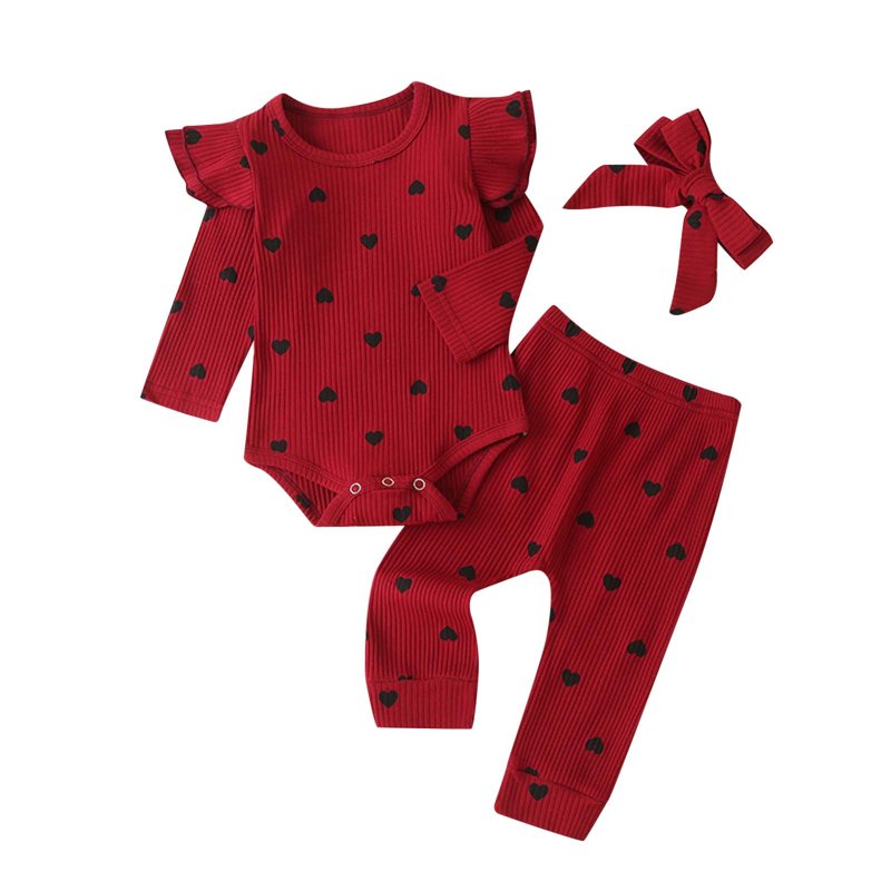 BLVB Newborn Baby Girl Clothes Ruffle Long Sleeve Romper Tops Pants Headband Infant Cute Heart Print Fall Outfits