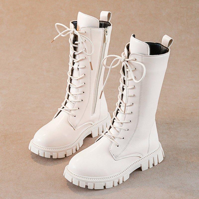 BOBOGOJP Girls Boots Combat Boots PU Leather Lace Up Side Zipper Booties Mid Calf Platform Boot Little Kid/Big Kid White For Size 13
