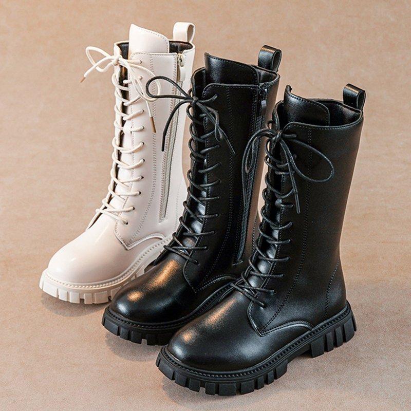 BOBOGOJP Girls Boots Combat Boots PU Leather Lace Up Side Zipper Booties Mid Calf Platform Boot Little Kid/Big Kid White For Size 13