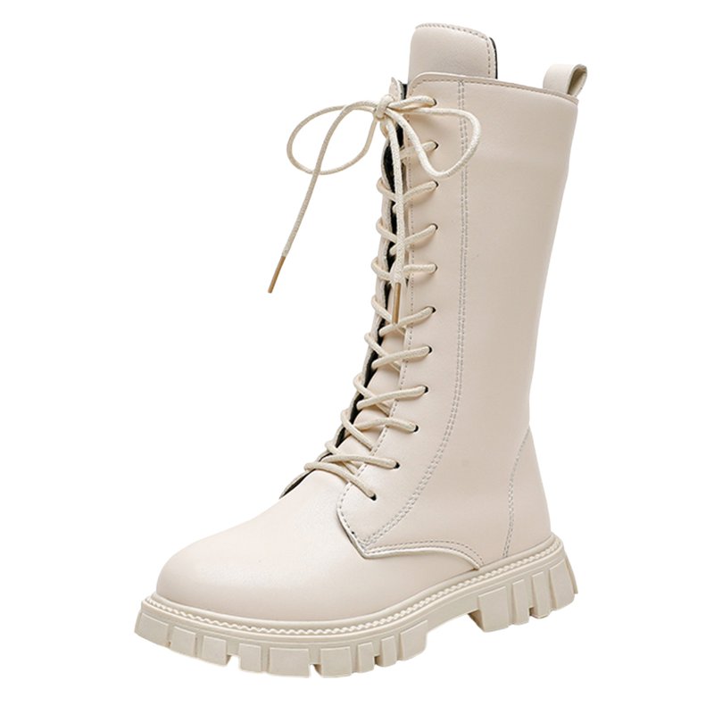 BOBOGOJP Girls Boots Combat Boots PU Leather Lace Up Side Zipper Booties Mid Calf Platform Boot Little Kid/Big Kid White for Size 13