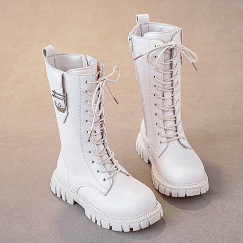 BOBOGOJP Girls Lace Up Riding Boots Mid Calf Combat Boots PU Leather Side Zipper Punk Goth Boot White For Size 13.5