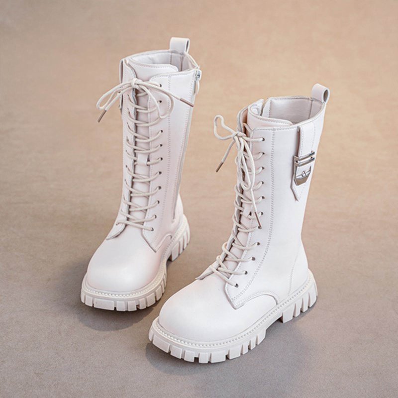 BOBOGOJP Girls Lace Up Riding Boots Mid Calf Combat Boots PU Leather Side Zipper Punk Goth Boot White For Size 3