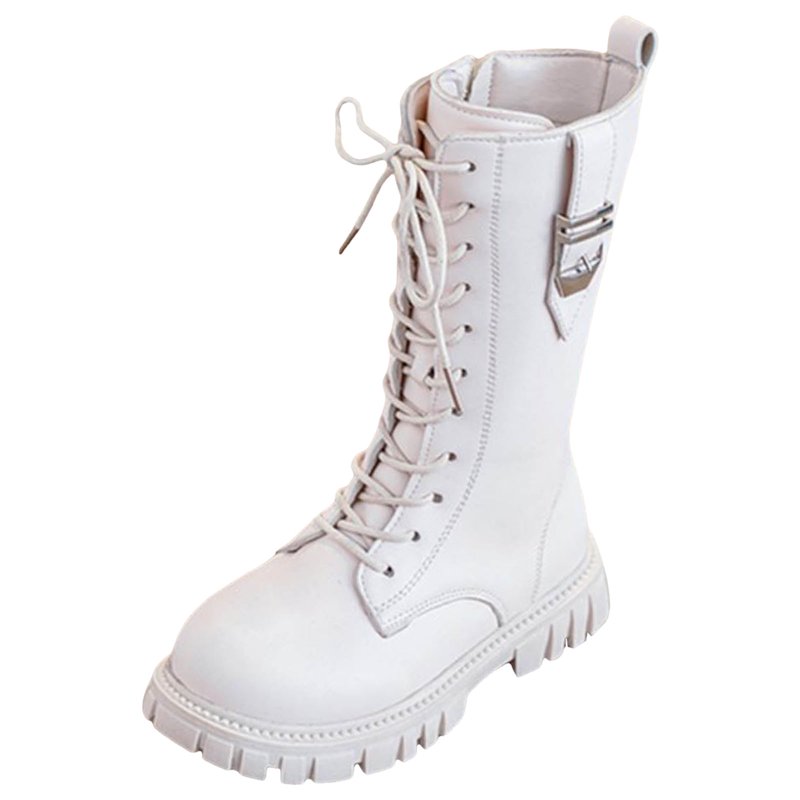 BOBOGOJP Girls Lace Up Riding Boots Mid Calf Combat Boots PU Leather Side Zipper Punk Goth Boot White for Size 13.5