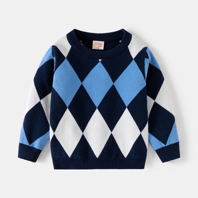 Boys Geometric Knit Sweater Heavy Long Sleeve Round Neck Top Winter Fleece-Lined Acrylic Casual Shirt