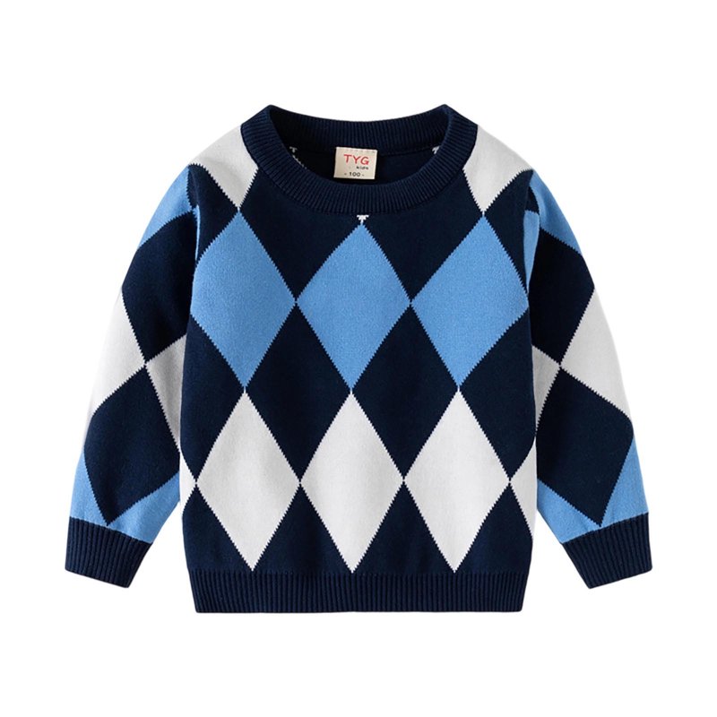 Boys Geometric Knit Sweater Heavy Long Sleeve Round Neck Top Winter Fleece-Lined Acrylic Casual Shirt