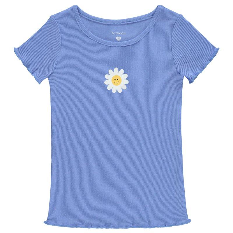 BTween 4-Pack Rib Knit Girls Tops - Short Sleeve Lettuce Trim Ribbed Girl Shirts - Stripe/Floral/Solid