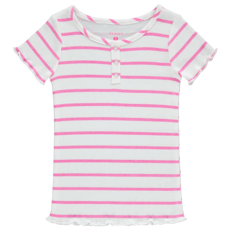 BTween 4-Pack Rib Knit Girls Tops - Short Sleeve Lettuce Trim Ribbed Girl Shirts - Stripe/Floral/Solid