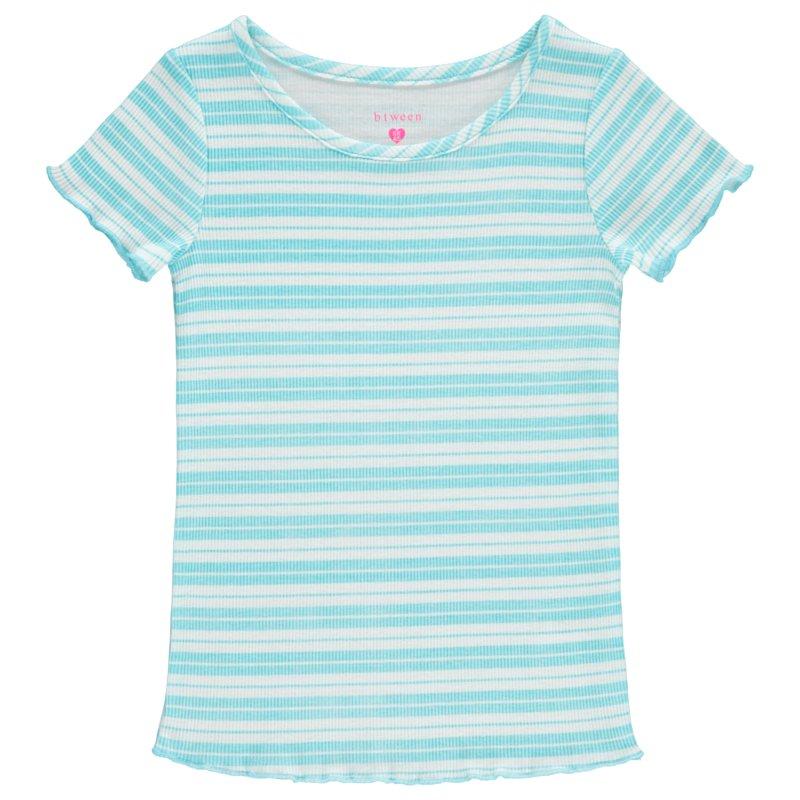 BTween 4-Pack Rib Knit Girls Tops - Short Sleeve Lettuce Trim Ribbed Girl Shirts - Stripe/Floral/Solid