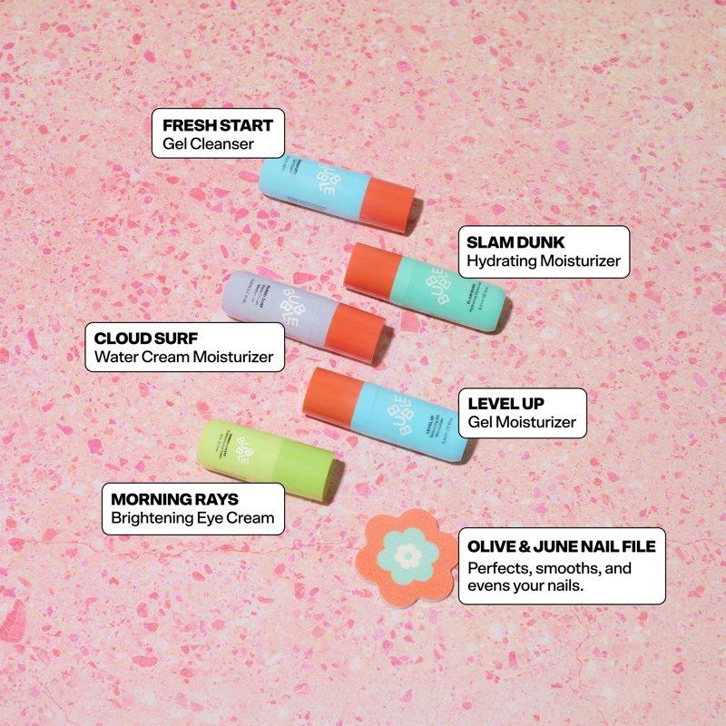 Bubble Skincare Group Chat Mini Routine 6-Piece Set Includes Fresh Start 10ml Morning Rays 3ml Level Up 10ml Cloud Surf 10ml And Olive & June Flower Nail File