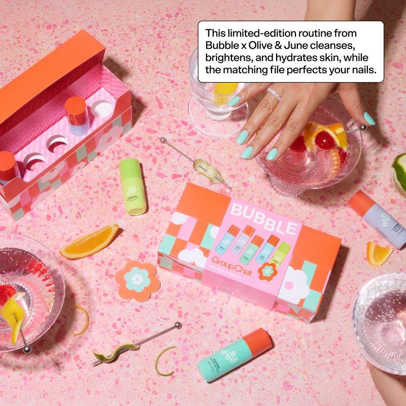 Bubble Skincare Group Chat Mini Routine 6-Piece Set Includes Fresh Start 10ml Morning Rays 3ml Level Up 10ml Cloud Surf 10ml And Olive & June Flower Nail File