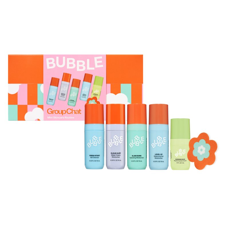 Bubble Skincare Group Chat Mini Routine 6-Piece Set Includes Fresh Start 10ml Morning Rays 3ml Level Up 10ml Cloud Surf 10ml and Olive & June Flower Nail File