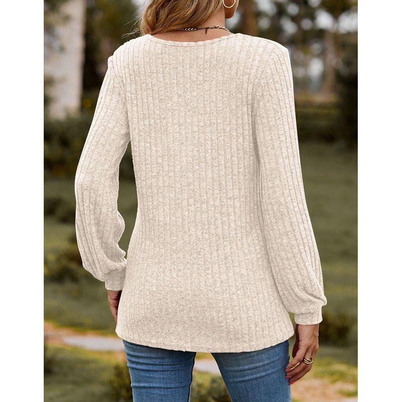Button Up Blouses Tops For Women Elegant Lantern Long Sleeve T-Shirts Ribbed Knitted Tunic Tee Shermie