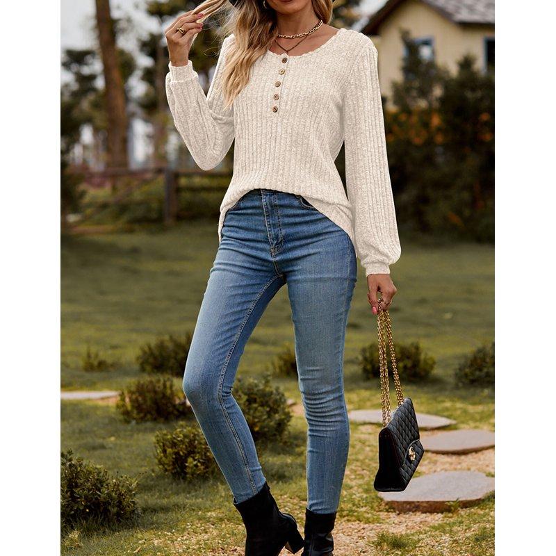 Button Up Blouses Tops For Women Elegant Lantern Long Sleeve T-Shirts Ribbed Knitted Tunic Tee Shermie