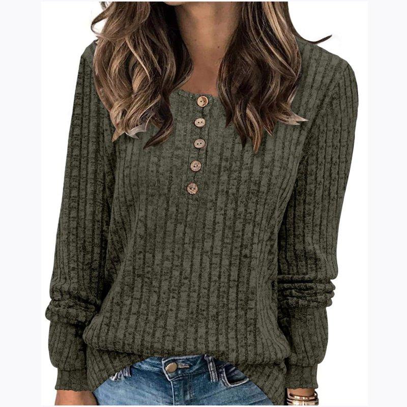 BXINGOHAI Women's V Neck Sweaters Solid Color Long Sleeve Pullover Tops Button Knit Sweater 2024 Fashion Daily Tops Today Sales Army Green XXXL