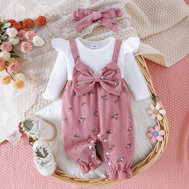 CAICJ98 Baby Girl Clothes Fall Winter Long Sleeve Bubble Romper Floral Bow One Piece Jumpsuit Cute Outfits Pink Size 3-6 Months