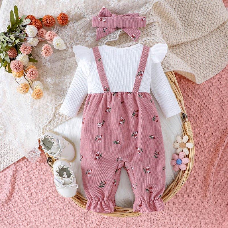 CAICJ98 Baby Girl Clothes Fall Winter Long Sleeve Bubble Romper Floral Bow One Piece Jumpsuit Cute Outfits Pink Size 3-6 Months