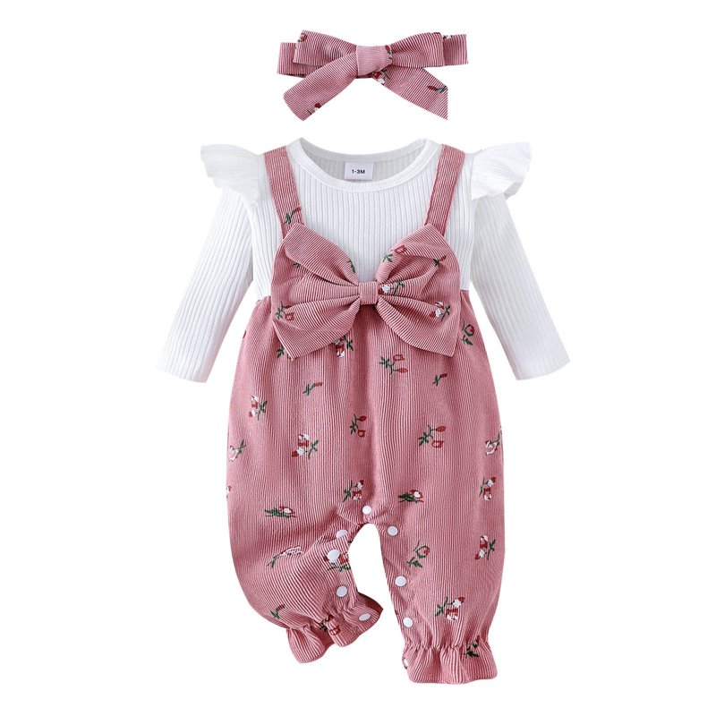 CAICJ98 Baby Girl Clothes Fall Winter Long Sleeve Bubble Romper Floral Bow One Piece Jumpsuit Cute Outfits Pink Size 3-6 Months