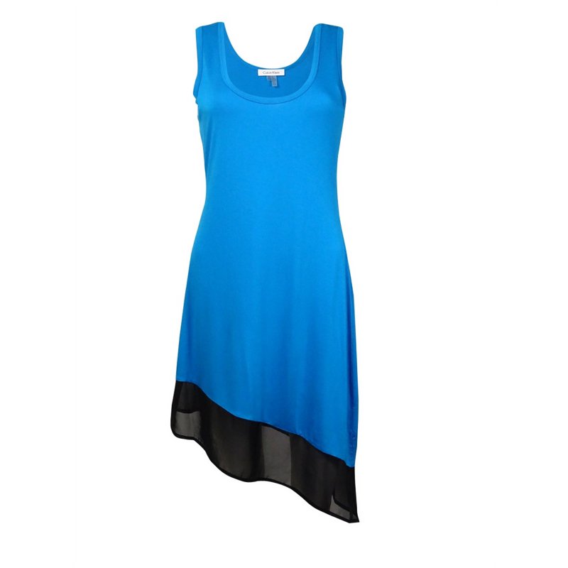 Calvin Klein Women's Asymmetrical Crepe-Hem Dress Swim Cover-Up(S/M Cyan/Black)
