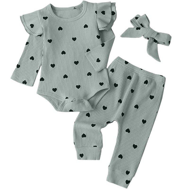 Caqnni Baby Girls Clothes Baby Girls Outfit Long Sleeve Ruffle Romper Floral Pants Headband Sets 0-18 Months for Girls 6 9 12 18 24 Monthsï¼6-9 Monthsï¼Light Blue