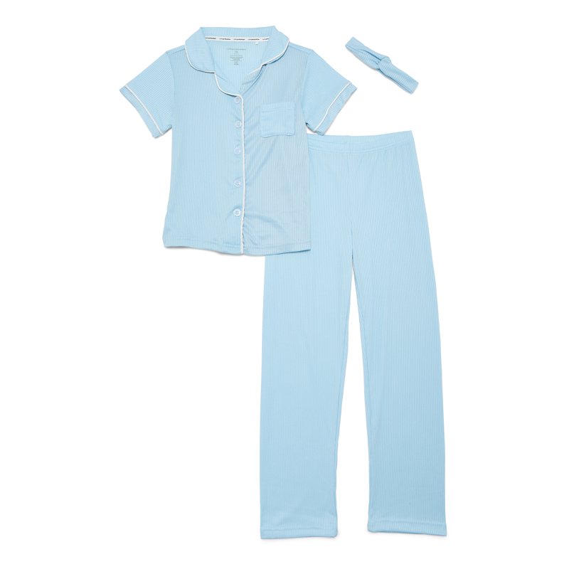 Catherine Malandrino Girls Ribbed Short Sleeve Top Pants with Bonus Headband 3-Piece Pajama Sleep Set Sizes 5-16