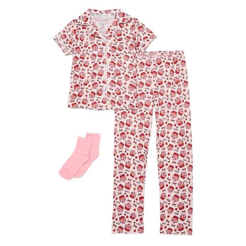 Catherne Malandrino Girls Ribbed Notch Collar Short Sleeve Top Pants With Bonus Socks 3-Piece Pajama Set Sizes 5-16