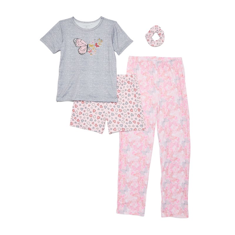 Catherne Malandrino Girls Short Sleeve Top Pant and Shorts with Bonus Scrunchie 4-Piece Pajama Set Sizes 4-16