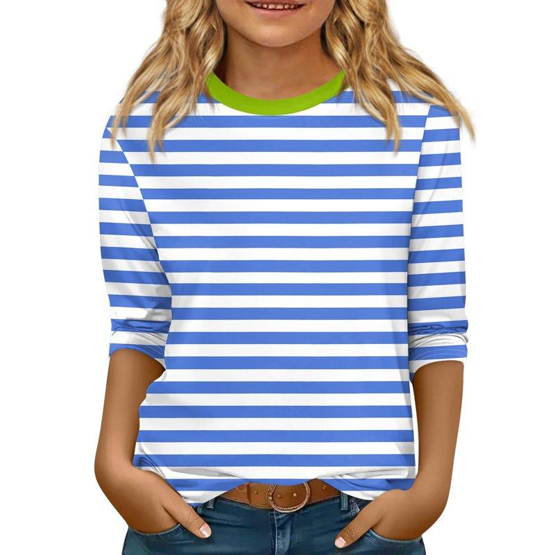 CCRFTGI Girls 3/4 Sleeve Shirts Fall Trendy Girls Tops Size 10-12 Kids Crew Neck T-shirts Cute Plain Tween Girls Striped Clothes Light Blue 14-16 Years