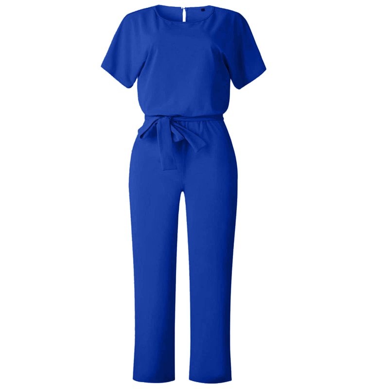 CEHVOM Women's Casual Loose Short Sleeve Belted Wide Leg Pant Romper Jumpsuits Petite