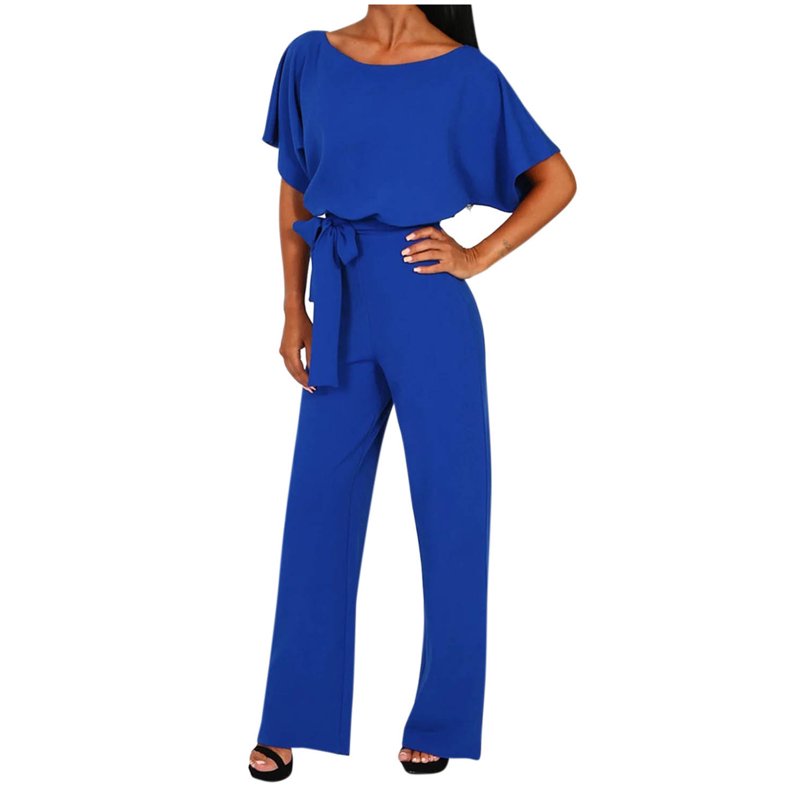 CEHVOM Women's Casual Loose Short Sleeve Belted Wide Leg Pant Romper Jumpsuits Petite