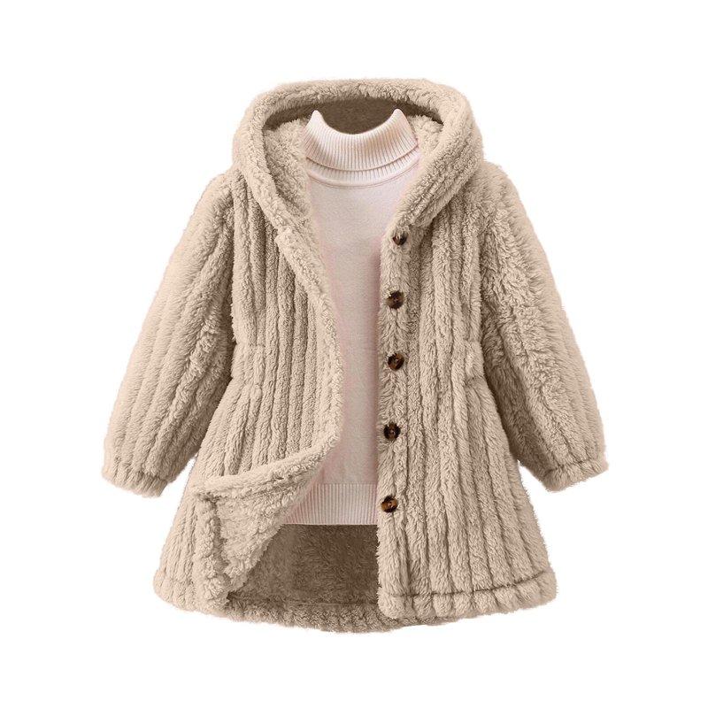 Cethrio Kids Girls Fleece Jackets Long Sleeve Warm Buttons Mid Length Winter Outerwear Beige Size 5-6 T