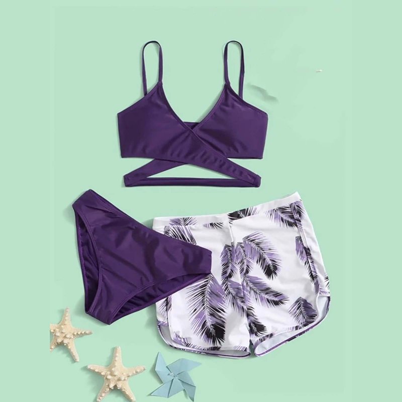Cethrio Womens Bikini Swimsuits 3-Piece Printed Casual Quick Dry Bathing Suits Purple Size M
