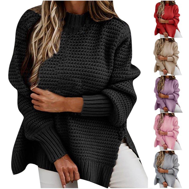 CHGBMOK Fall Sweaters Women Solid Color Long Sleeve O Neck Pullover Sweater Tops Black