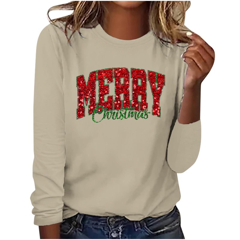 Christmas Sweatshirts for Women Plus Size Crew Neck Pullover Tops Casual Loose Cute Graphic Long Sleeve Shirt (Beige M)
