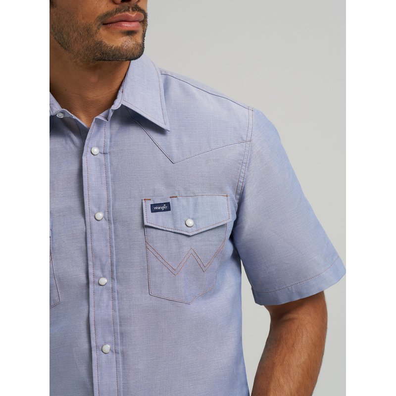Cowboy Cut® Firm Finish Denim Short Sleeve Work Western Shirt Color: Chambray Size: L
