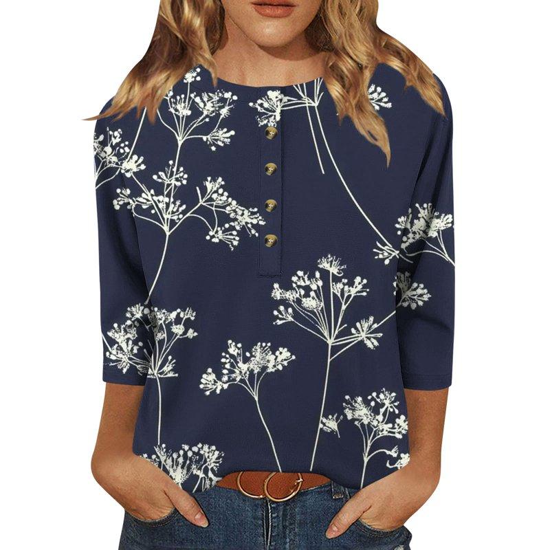 Craaazy Shirts For Women Printed Button 3/4 Sleeve T-shirt Crew Neck T-shirt Button Down Shirts For Women Plaid Graphic Casual Loose Tops Casual Printed Gifts For Women