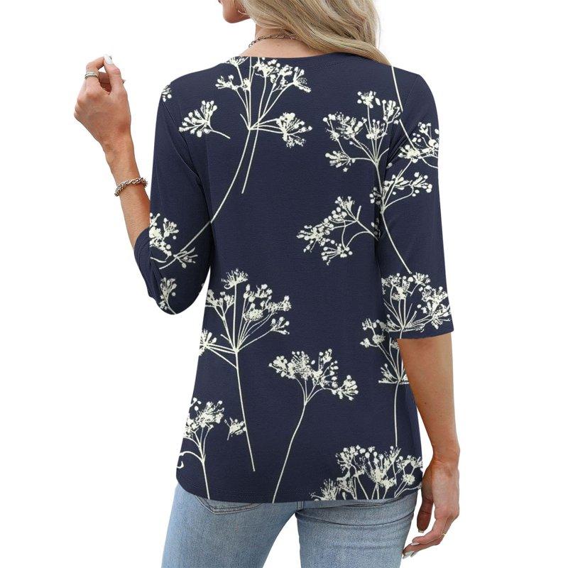 Craaazy Shirts For Women Printed Button 3/4 Sleeve T-shirt Crew Neck T-shirt Button Down Shirts For Women Plaid Graphic Casual Loose Tops Casual Printed Gifts For Women