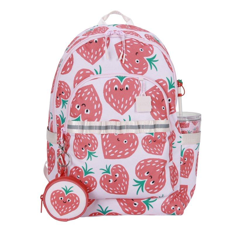 CRCKT Kids Strawberry Hearts 16-inch 3-Piece Backpack Set Includes Backpack Tumbler With Straw Topper And Coordinating Key Chain Pouch Pink Hearts