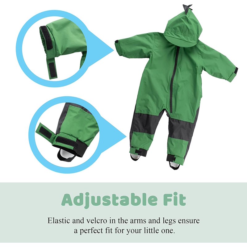 Cuddle Club One Piece Kids Rain Suit Waterproof Jacket Toddler Overalls Green Dino 4T