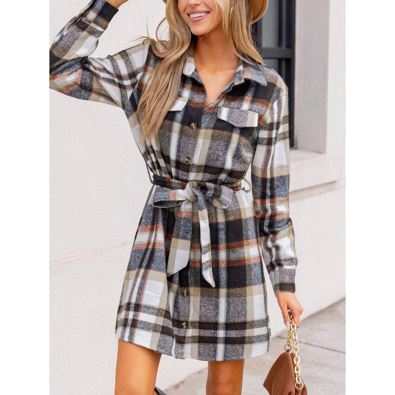 Cupshe Women's Plaid Collared Long Sleeve Front Button Mini Shirt Dress Size S-XL