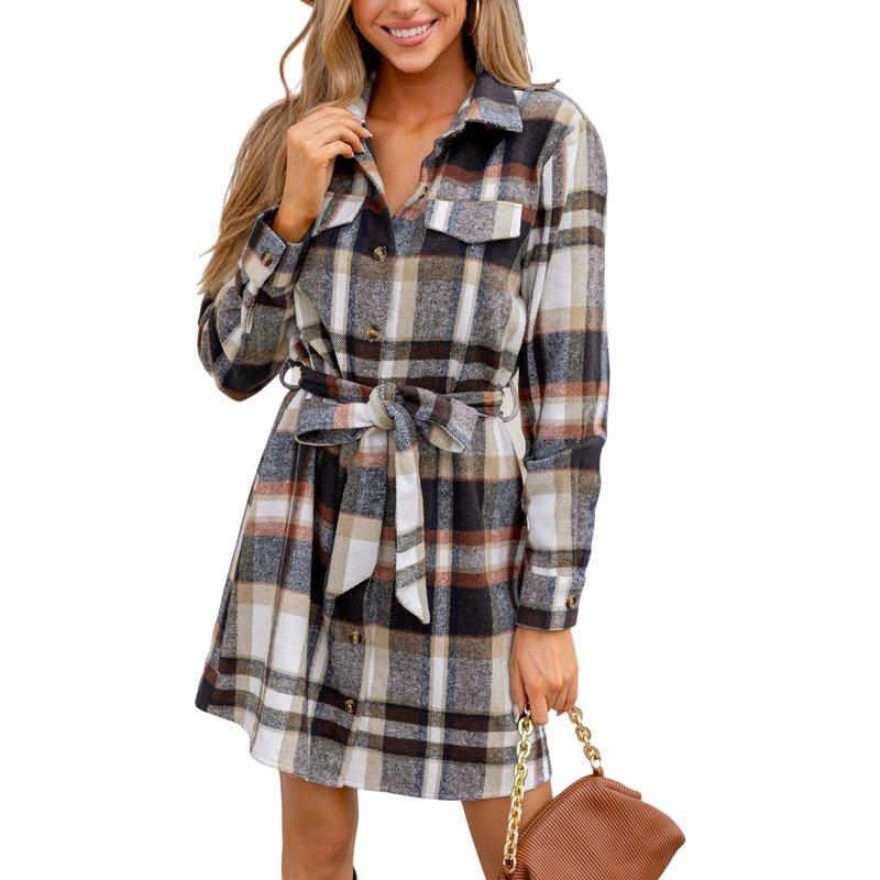Cupshe Women's Plaid Collared Long Sleeve Front Button Mini Shirt Dress Size S-XL