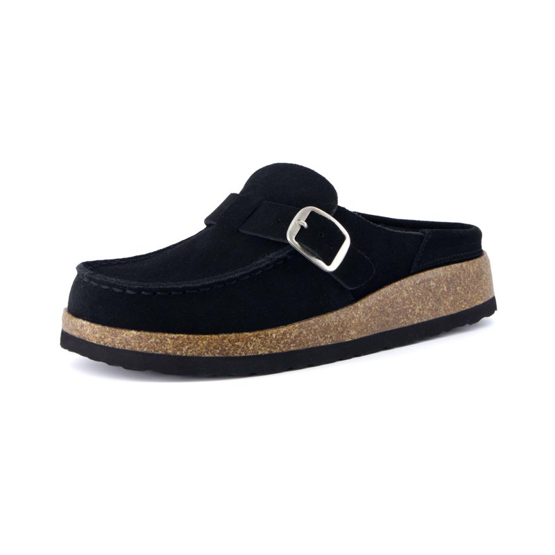 Cushionaire Women's Hobby Genuine Leather Cork Footbed Clog With Comfort Arch Support Buckle Strap Slip-On Mules