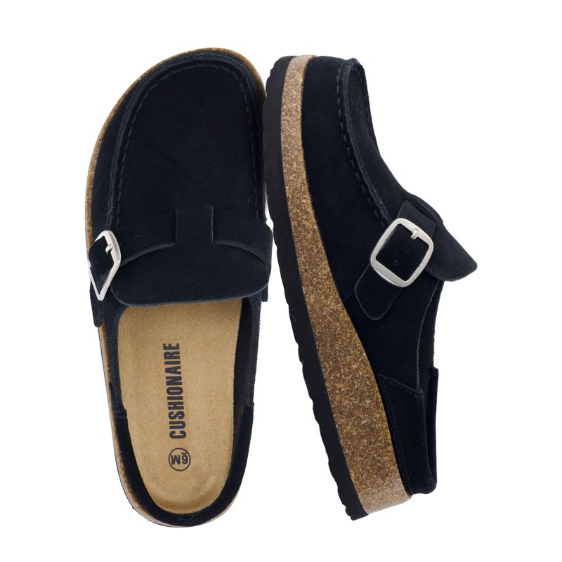 Cushionaire Women's Hobby Genuine Leather Cork Footbed Clog with Comfort Arch Support Buckle Strap Slip-On Mules