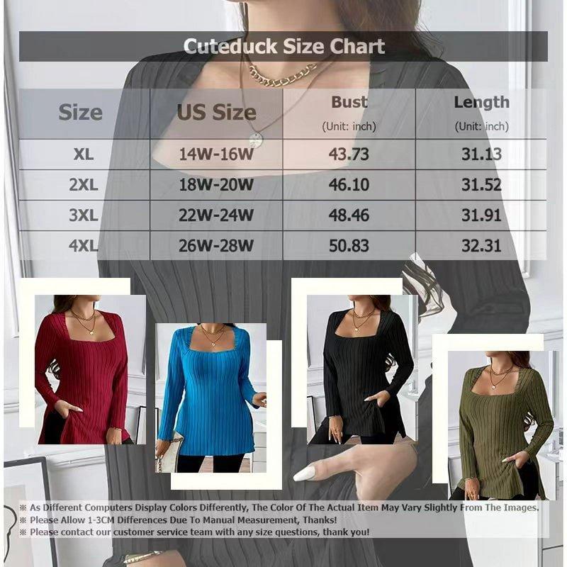 Cuteduck Women Plus Size Casual Ribbed Knit Blouse Fall Long Sleeve Sweater Square Neck Solid Top 1X-4X