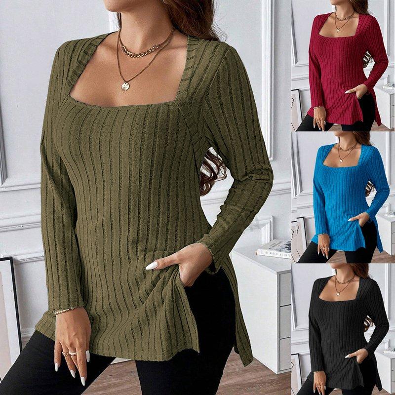 Cuteduck Women Plus Size Casual Ribbed Knit Blouse Fall Long Sleeve Sweater Square Neck Solid Top 1X-4X